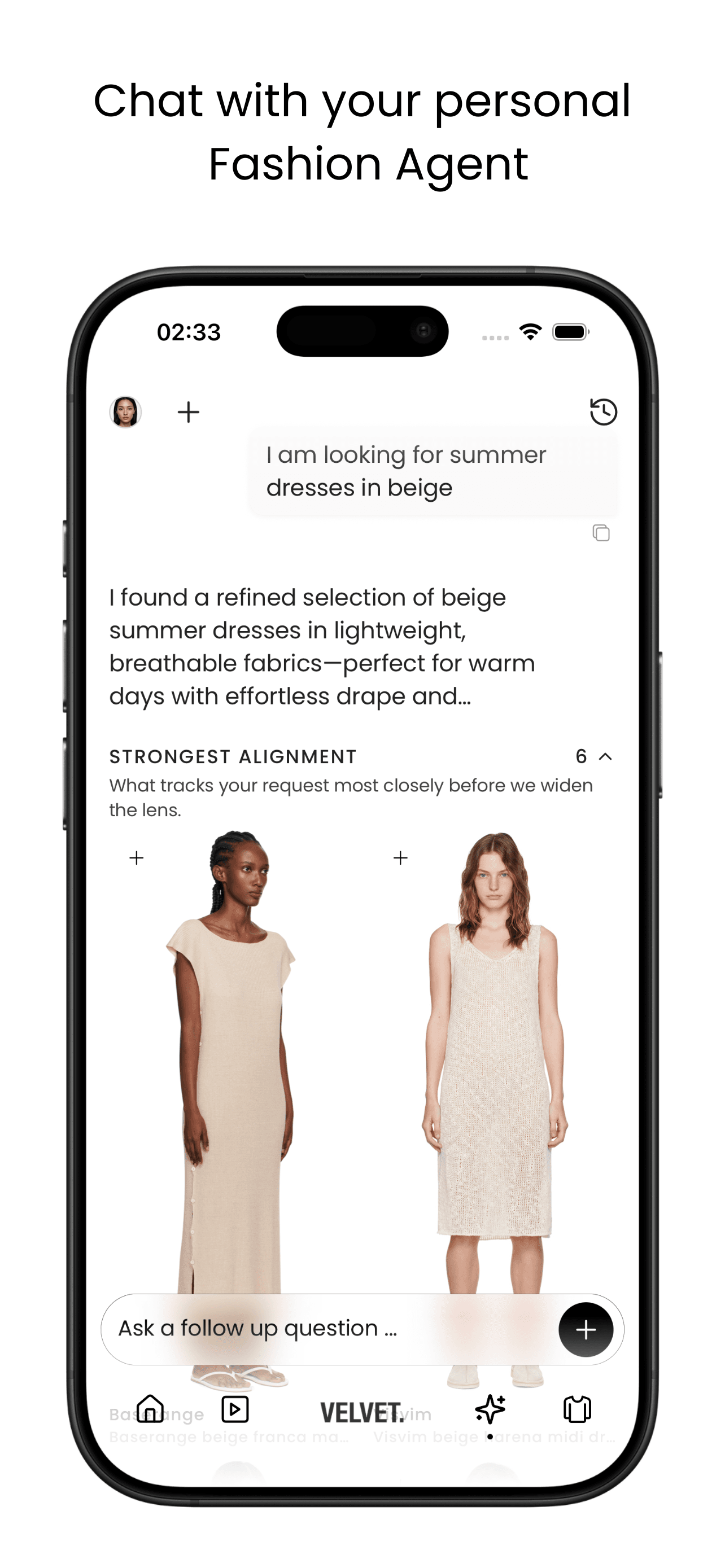 Velvet app: outfit chat and discovery flow