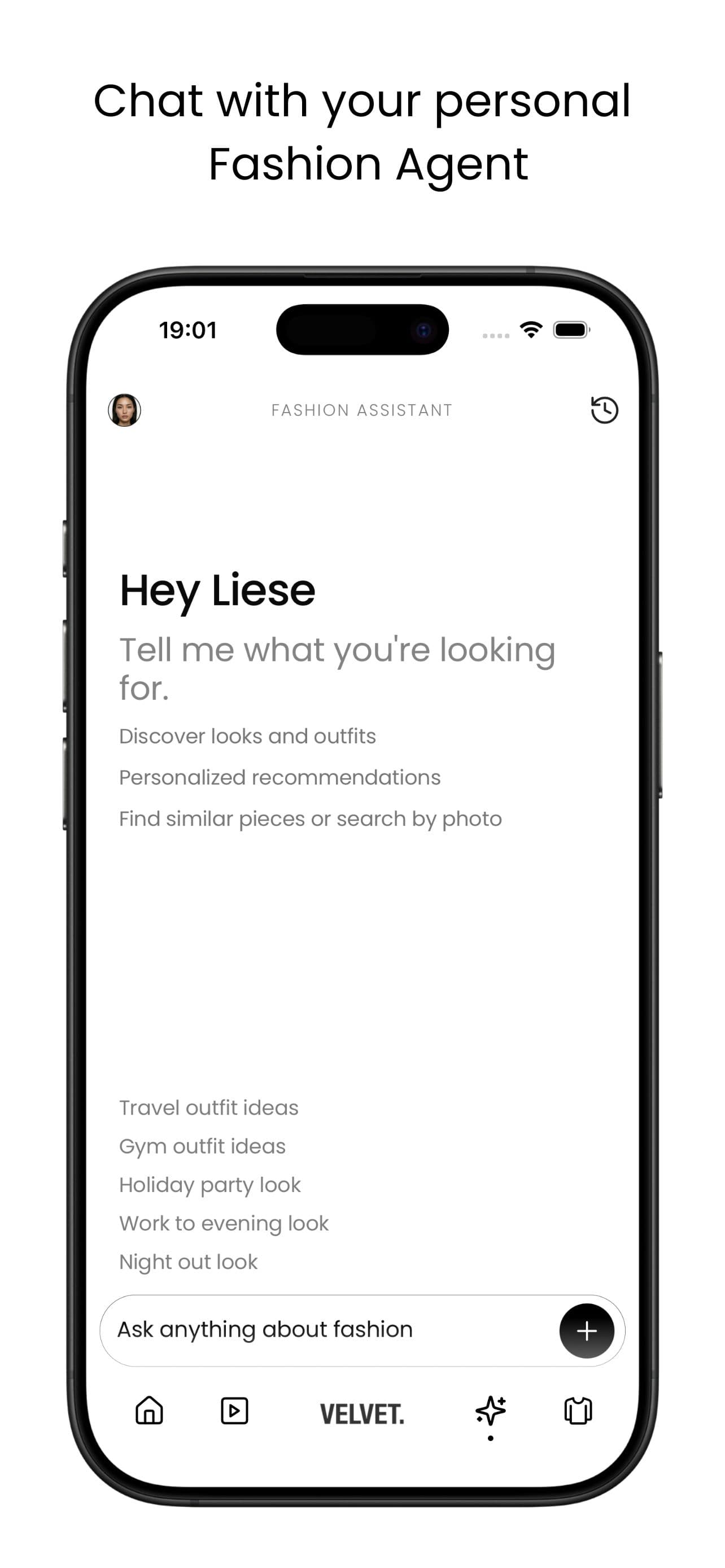 Velvet app: outfit chat and discovery flow