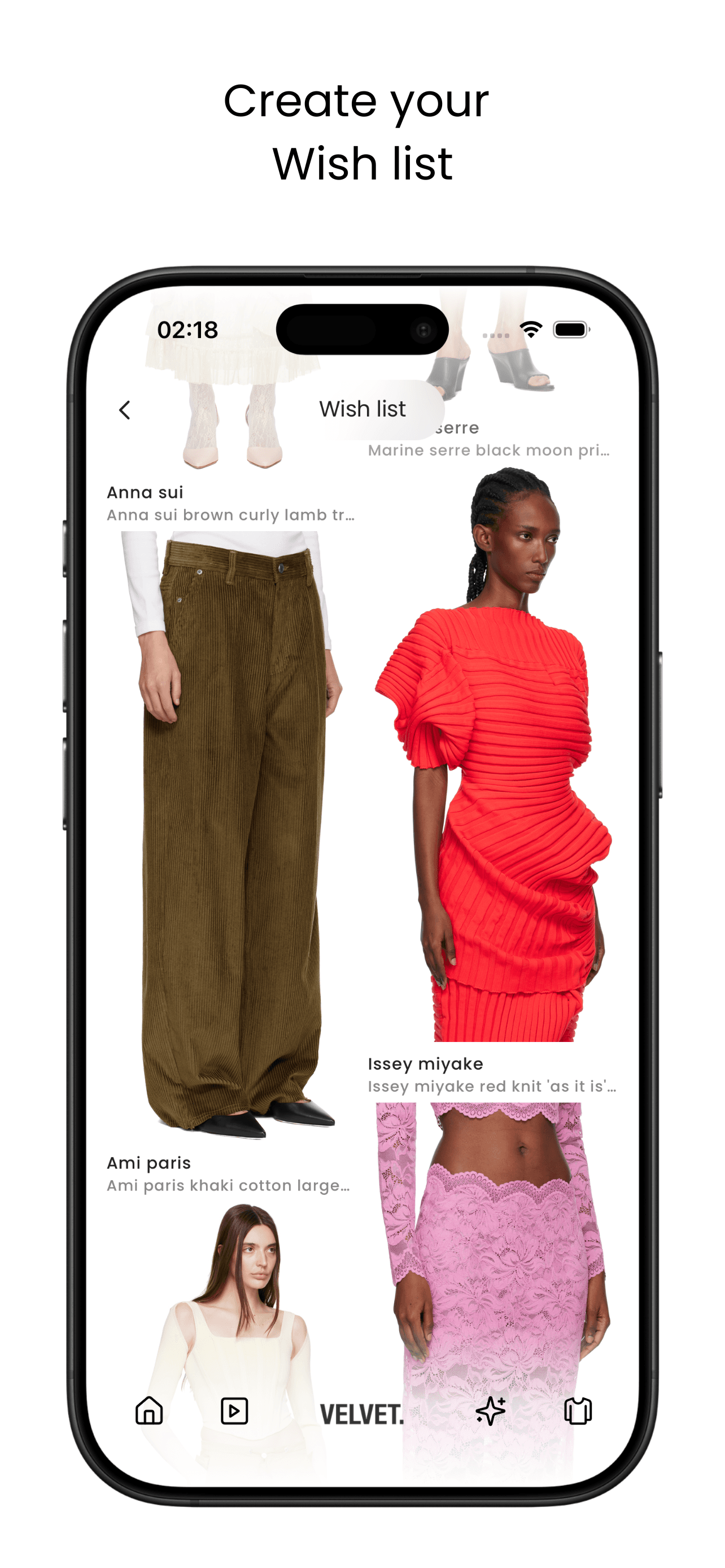 Velvet app: product grid and follow-up prompts