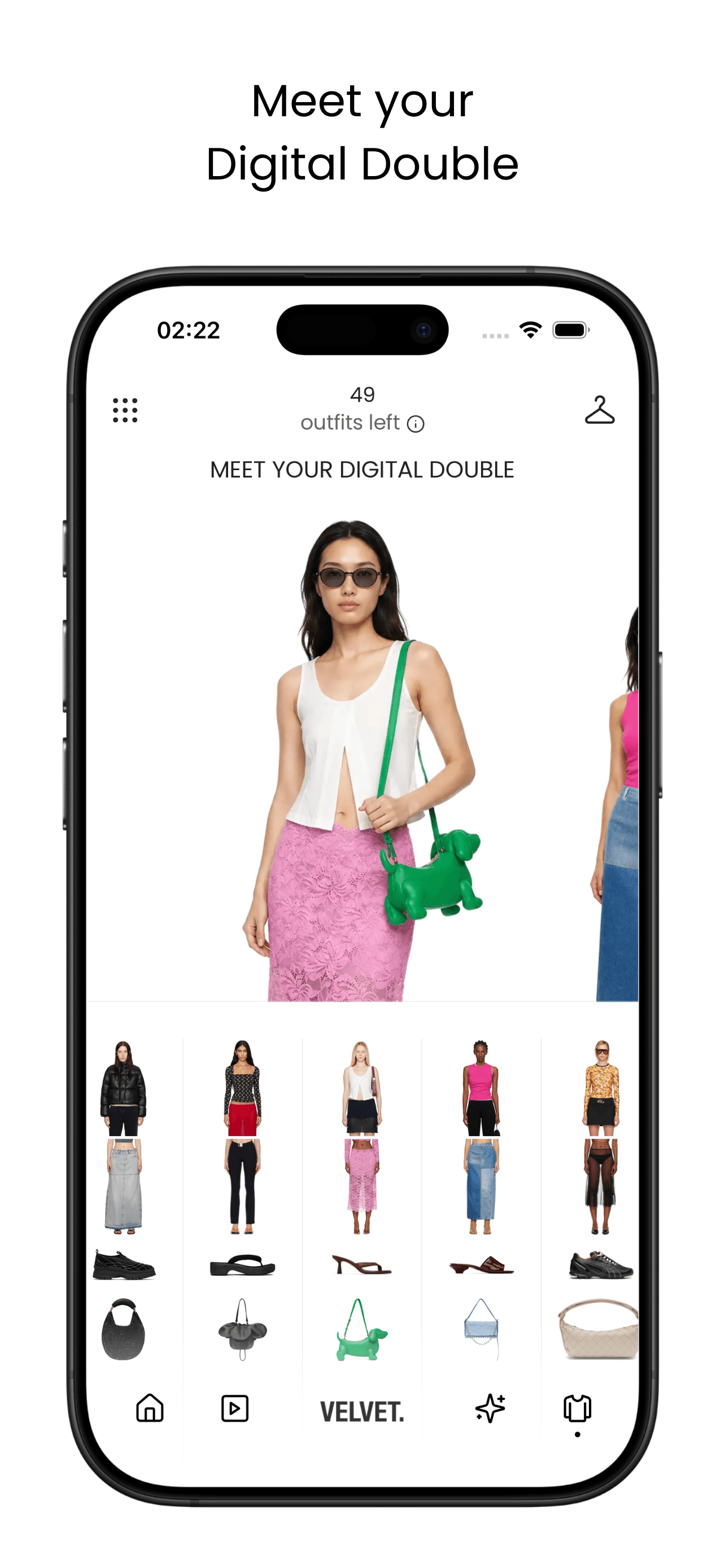 Velvet app: Digital Double virtual try-on view