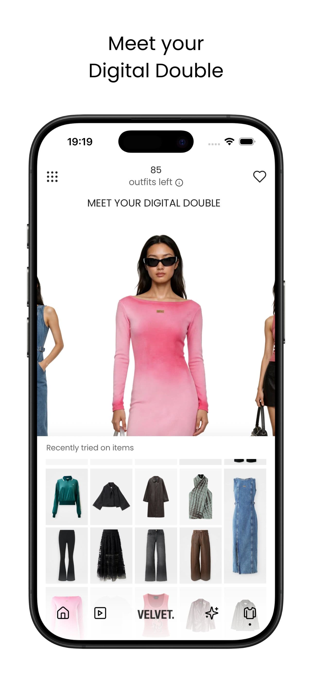 Velvet app: Digital Double virtual try-on view